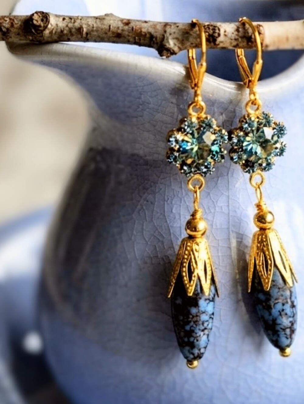 Victorian Blue Swarovski Crystal & Mottled Glass Drop Gold Plated Earrings